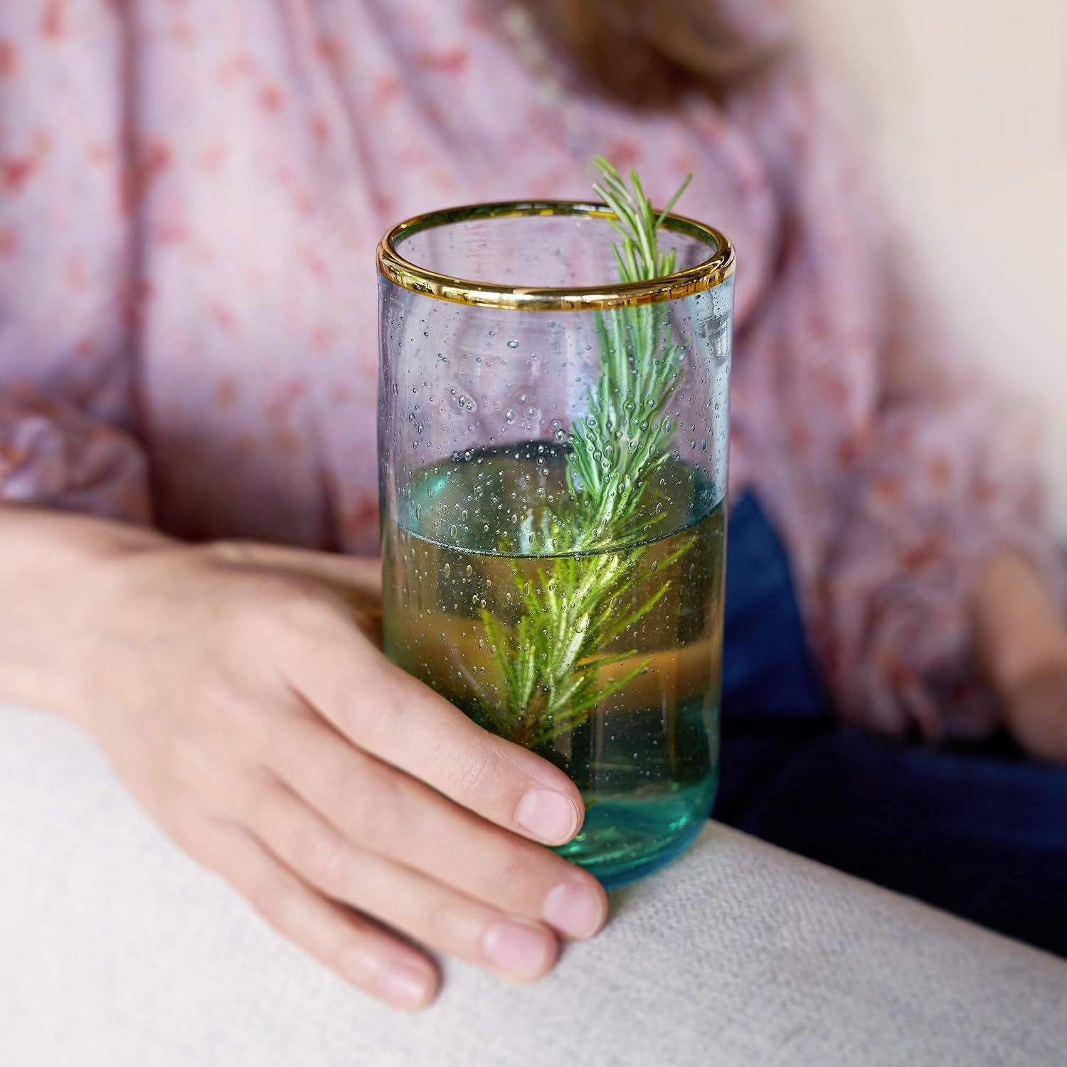 Twine Aqua Bubble Gold Rimmed Glass Tumblers - Tinted Water Drinking Glass, Kitchen Glassware Glass Cups Set, Colored Cocktail Glasses - Set of 2, 16 oz, Blue