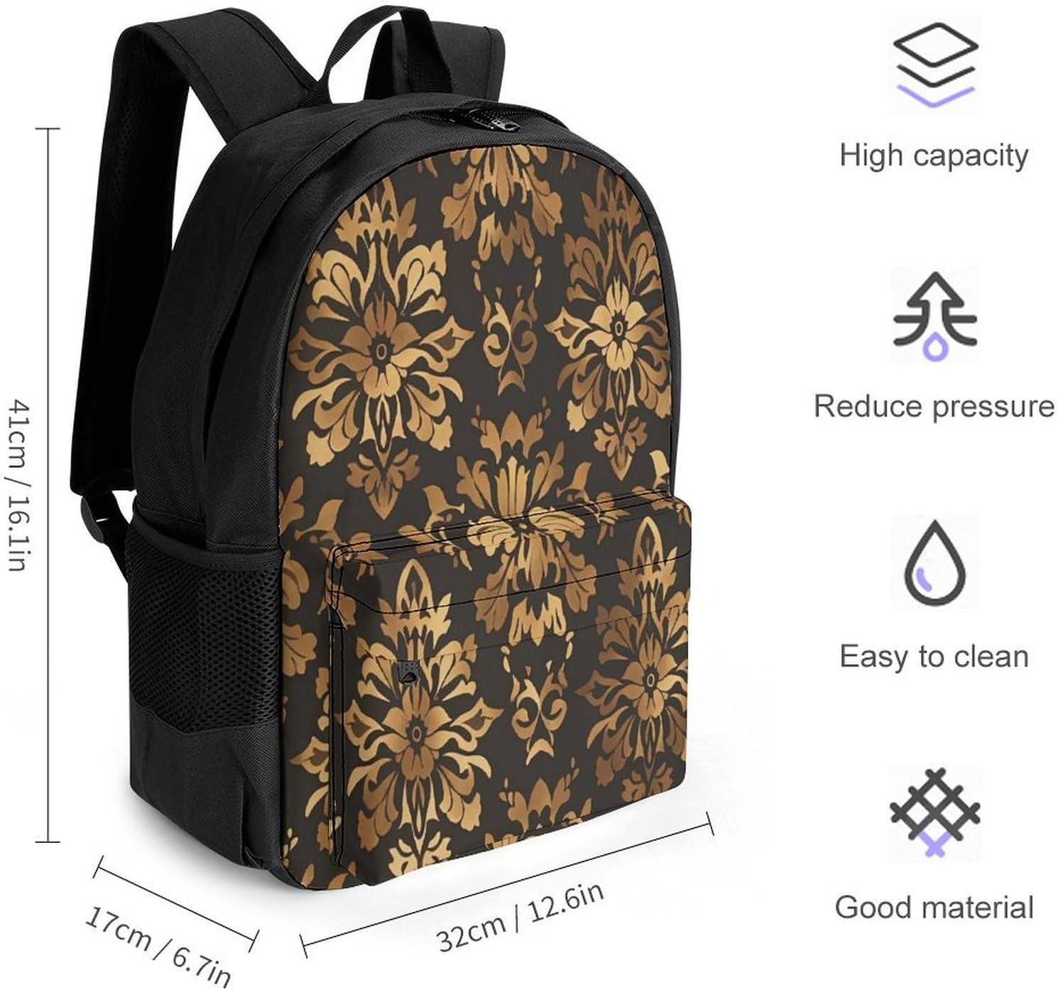Vintage Gold Black Tan Floral Backpack Daypack Travel Backpack | Lightweight Casual Laptop Backpack for Women Men Aesthetic Travel Bag for Weekender Business Hiking Outdoor