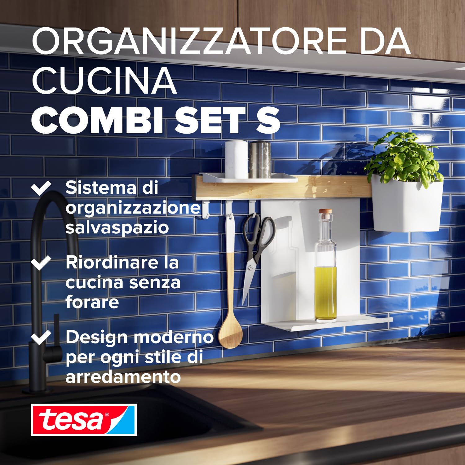 Tesa Kitchen Organizer da Cucina Combi Set S - Barra Autoadesiva con Vaso per Erbe Aromatiche, 2 Ripiani, Binario con 3 Ganci - Montaggio senza Foratura - Bambù/Bianco