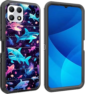 for Revvl 7 5G Case,Full Body Shockproof Drop Protection Heavy Duty 3-Layer Military Rugged Durable Cover for T-Mobile Revvl 7 5G 6.58 inch 2024,Funny Shark