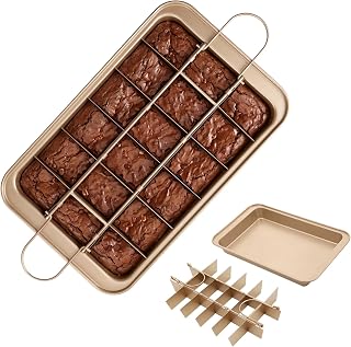 2 Pack Brownie Pan with Dividers, Carbon Steel Non-Stick Baking Tray, 18 Pre-Slice Square Mold for Brownies, Cake, Muffin & Biscuit, Gold, 12.2"x7.8"x2"