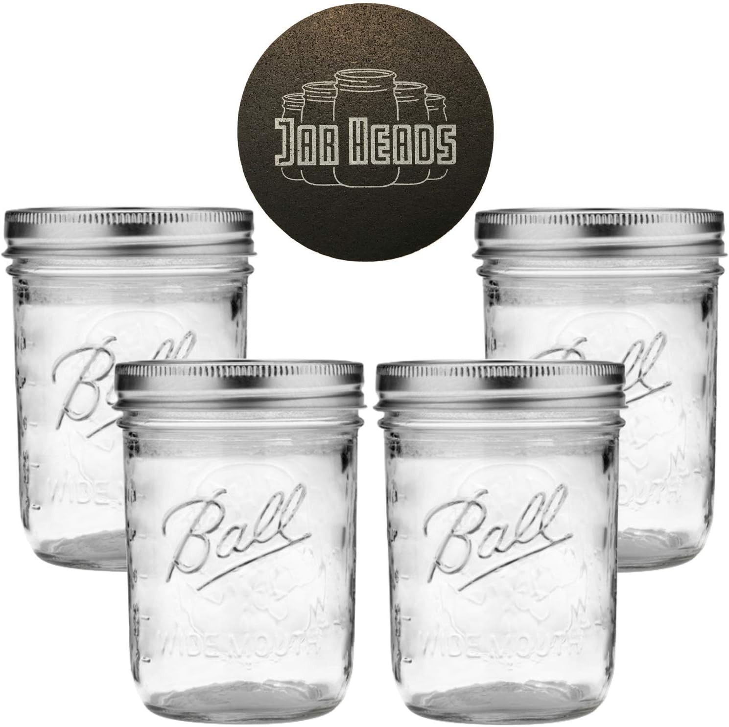 Ball Mason Jars 16 oz Wide Mouth Bundle with Non Slip Jar Opener- Set of 4 Half Quart Mason Jars - Canning Glass Jars with Lids