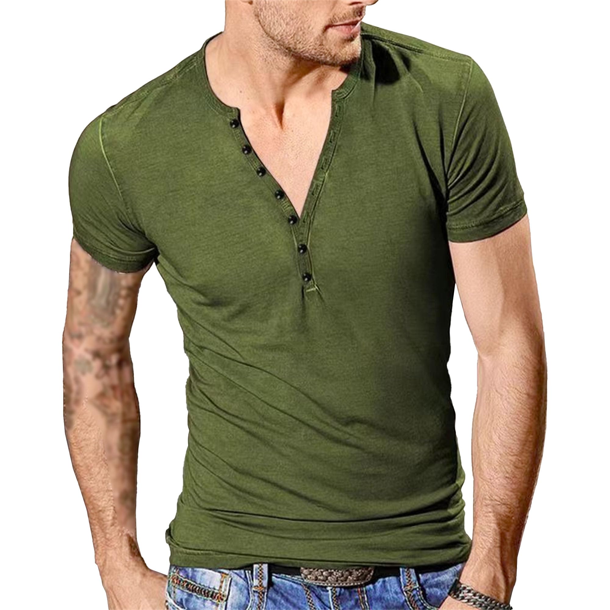 Men's Round Neck Slim Fit Sport Shirts Solid Casual Slim Fit Henry T-Shirt Summer Classic Outdoor Jogging Tops (Navy Green,Medium)