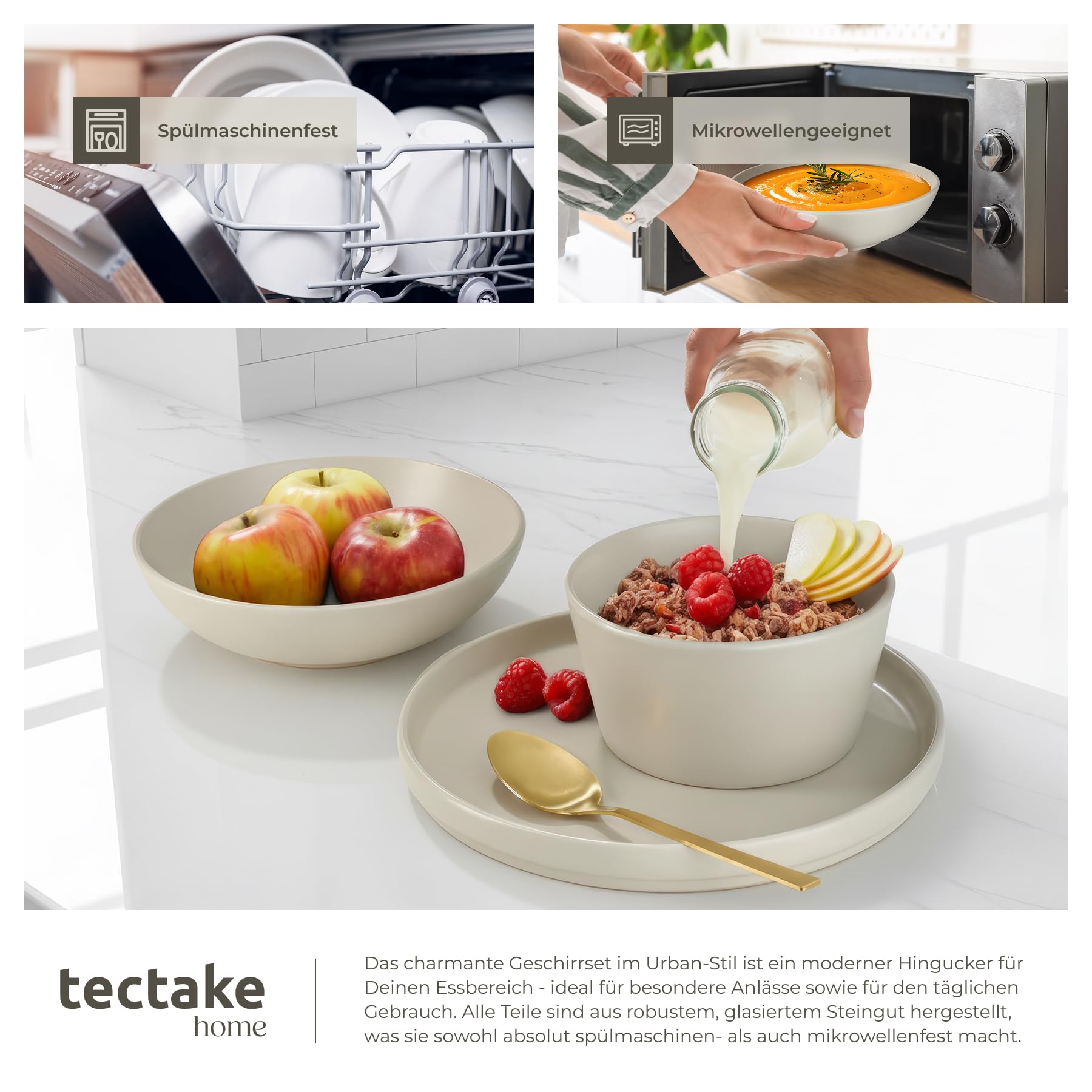 tectake® 30-tlg. Kombiservice, Geschirrset, Tafelservice 6 Personen, Steingut Geschirr Set, Teller Set mit Schalen, Kaffeetassen, Speiseteller, Frühstücksteller, tiefe Teller und Schüsseln - taupe