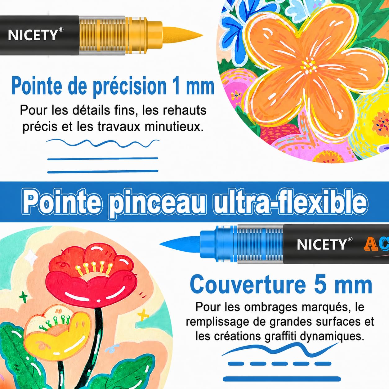 NICETY 264 Feutres Acryliques à Pointe Pinceau - Marqueurs Peinture à l'Eau Multi-Supports pour Pierre, Bois, Céramique, Verre - Pointe Flexible 1-6mm pour Artistes, Débutants et Adultes