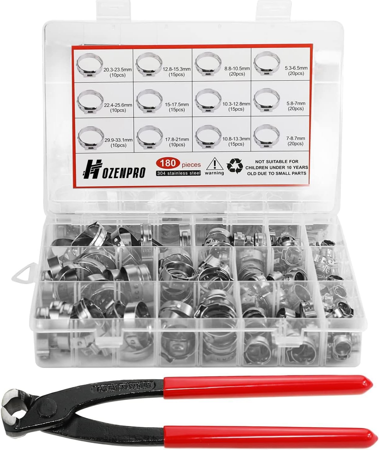 180 PCS Single Ear Hose Clamps, 12 Sizes 5.3-33.1mm Crimp Hose Clamps with Ear Clamps Pincer, 304 Stainless Steel Crimp Pinch Fitting Tools Kit