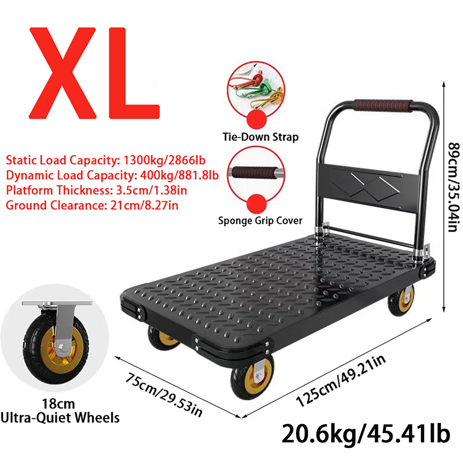 Carretilla De Mano Plegable 420kg-1300kg Carro De Plataforma Resistente con Ruedas Silenciosas, Carro Plegable con Plataforma Plana para Almacenes, Comedores Y Obras De Construcción,Negro,XL