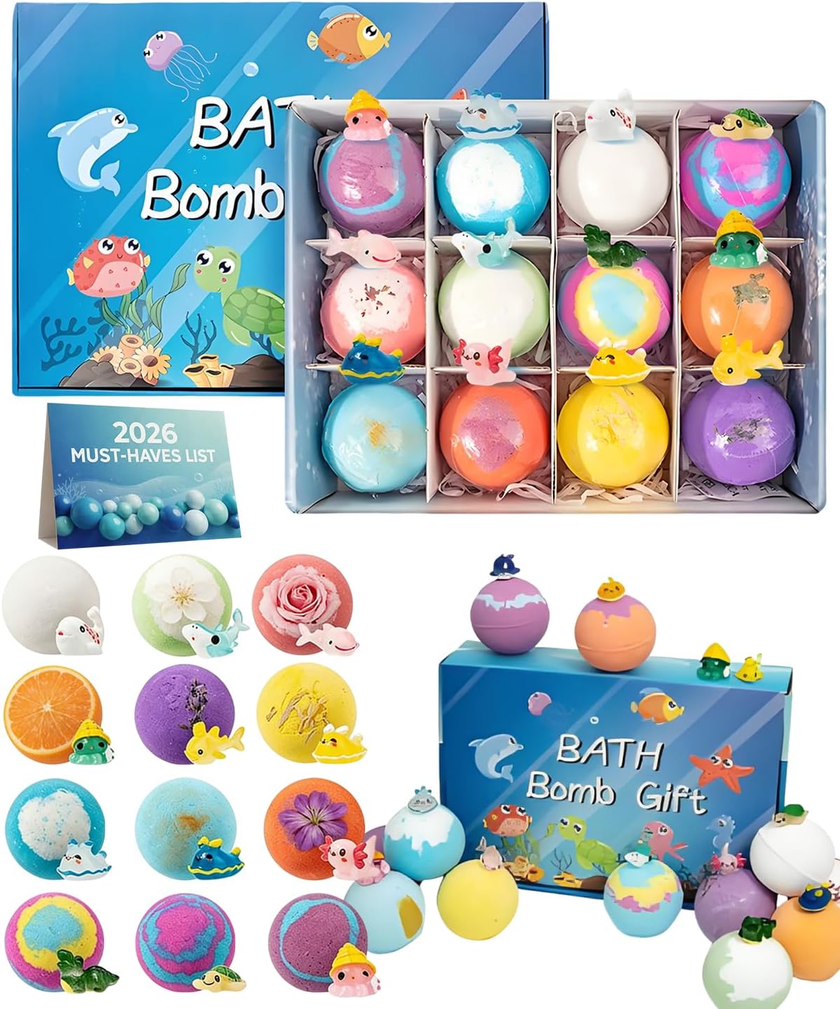 Natural Bath Bombs for Kids with Toys Inside,12 Pack Hidden Ocean Animals Surprise Fizzies Egg,Sea Salt Color Changing Bubble Spa Balls,Easter Basket Stuffer Gift Set for Girls Boys (12PCS)