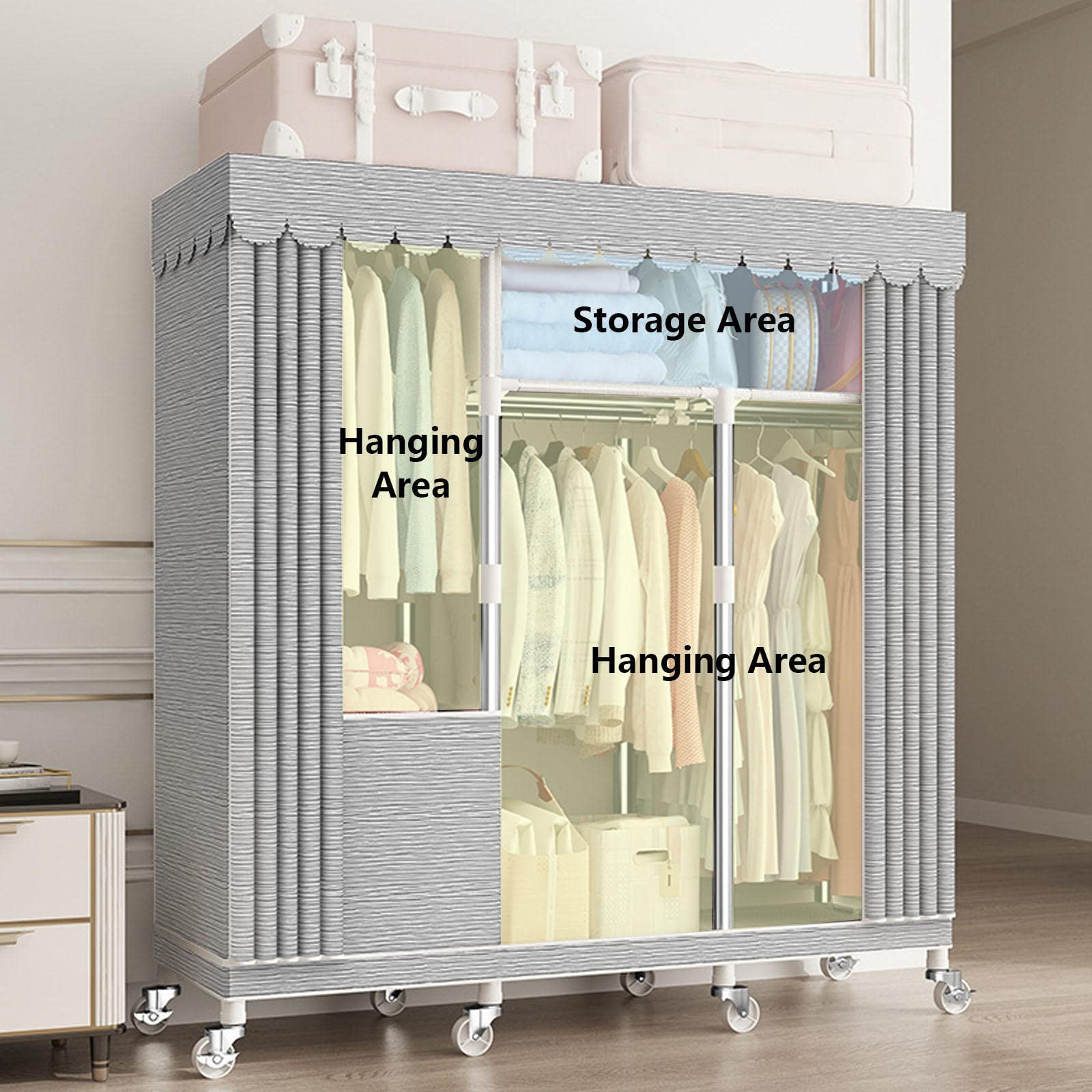 Guardaroba, Guardaroba Portatile in Tela con Asta Appendiabiti, Organizzatore per Armadio in Tessuto per Camera da Letto, Soggiorno,A-125x45x170cm