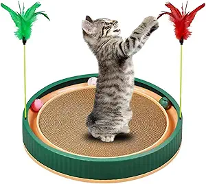 20-Inch Round Cat Scratcher with Ball Track – 3-in-1 Cardboard Scratching Pad with Feather Toy & Non-Slip Base – Interactive Cat Toy for Indoor Cats, Kittens & Large Cats (Green)