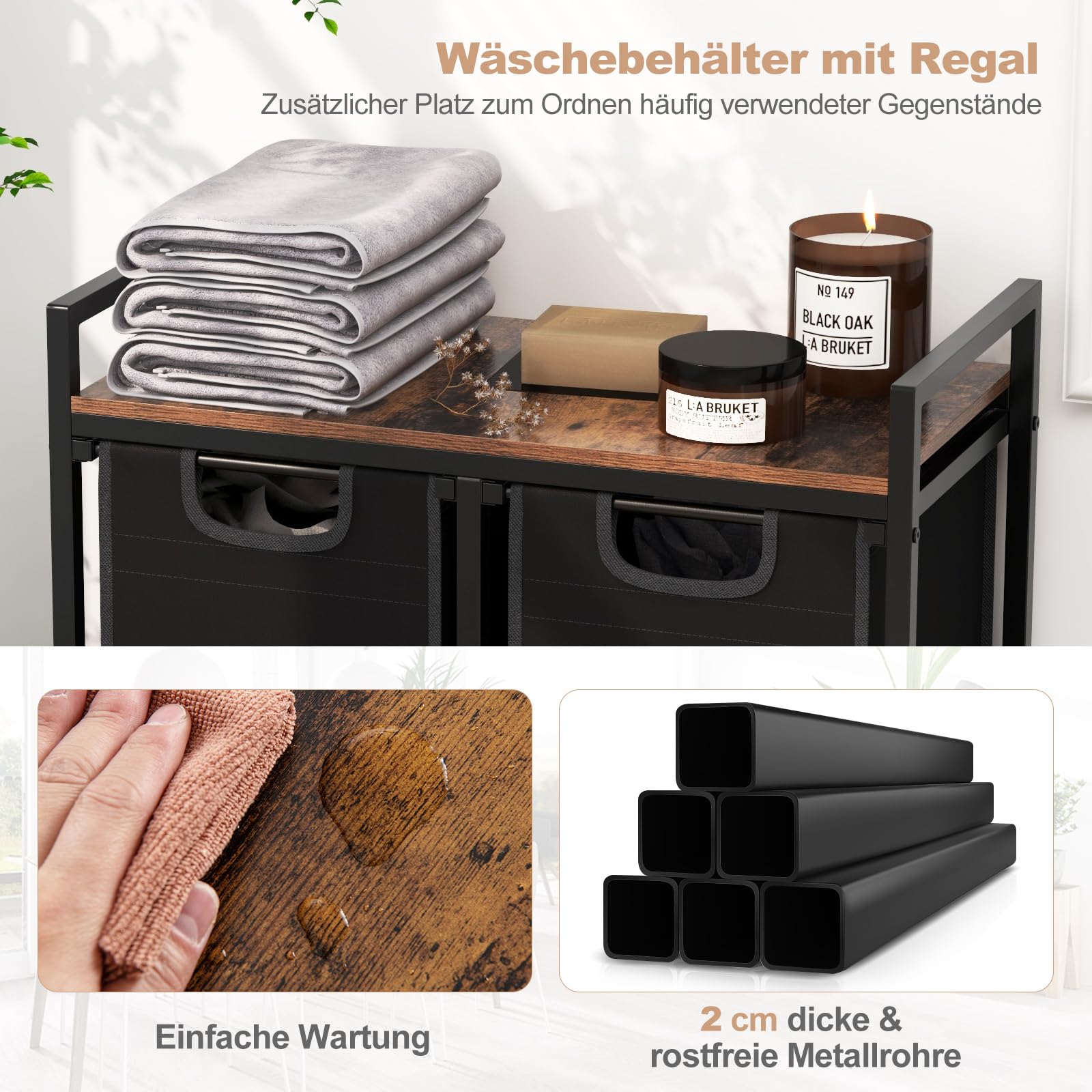 GOPLUS Wäschekorb mit Ablage, Wäschesammler mit 3 Fächern & abnehmbaren Innentaschen & Griffen, Wäschebox für Schmutzwäsche für Waschküche, Badezimmer, Schlafzimmer