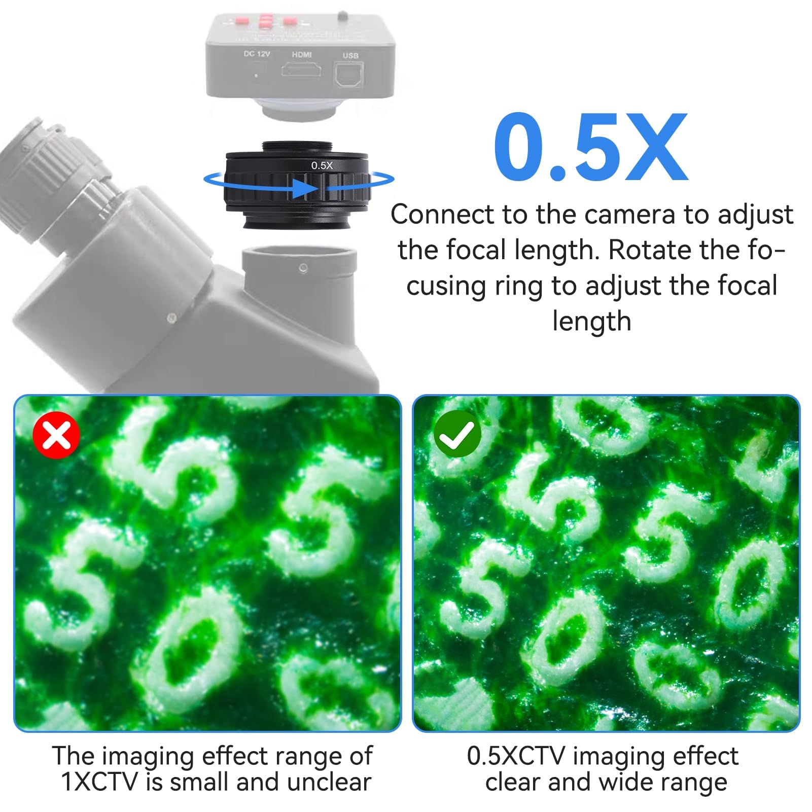 Adaptador de microscopio 0.5X, adaptador de lente de cámara, adaptador de microscopio de 38 mm, adaptador de montaje en C, accesorio de microscopio industrial para enfoque de cámara digital