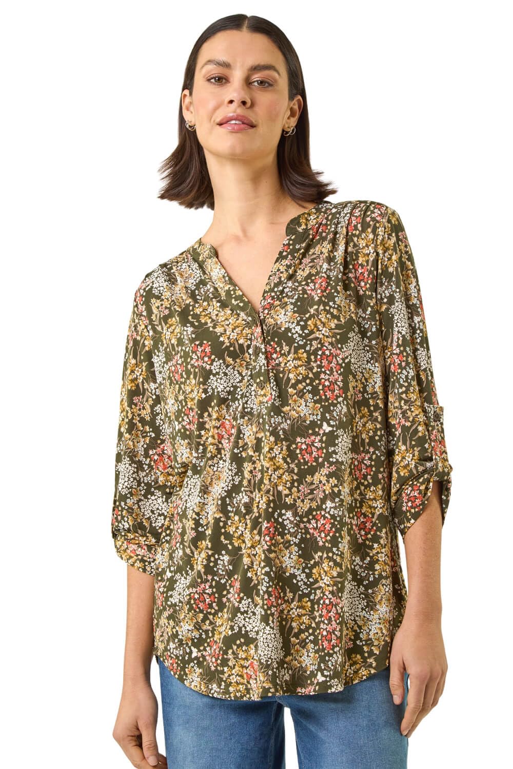 Roman Shirt for Women UK Ladies Top Collarless Blouse Stretchy Tunic Smart Casual Autumn Winter Jersey 3/4 Length Sleeve Notch V Neck Flattering Office Work