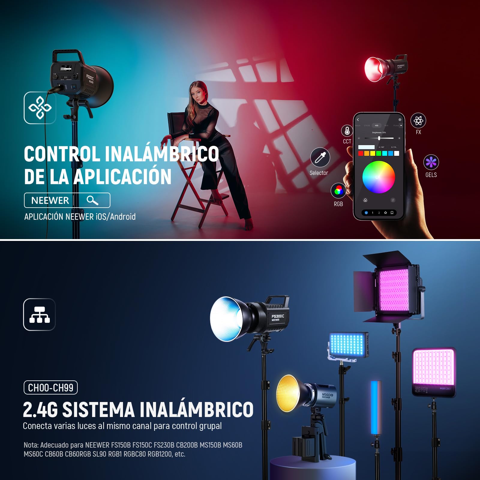 NEEWER 300W RGB Luz Vídeo LED App/2.4G Control 17 Efecto 2500-7500K 29000lux/1m COB Iluminación Salida Continua CRI95+/TLCI97+ 4 Curvas Atenuación Foco Bowens Mount para Fotografía de Estudio,FS300C