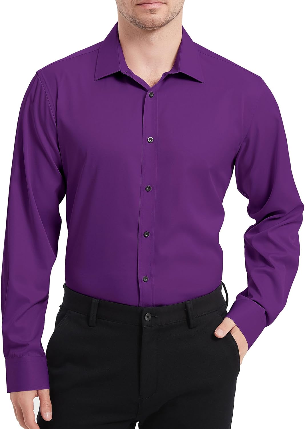 Men's Dress Shirts for Business Casual - Long Sleeve Button Down Shirts (Black Button) - Image 2