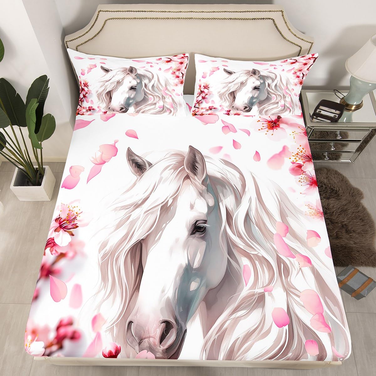 Western Cowboy Style Animals Fitted Sheet,Full Size Pink Blooming Flowers Collections,White Horses Bedding Deep Pocket for Children Teens Young with 2 Pillowcases(No Flat Sheet)