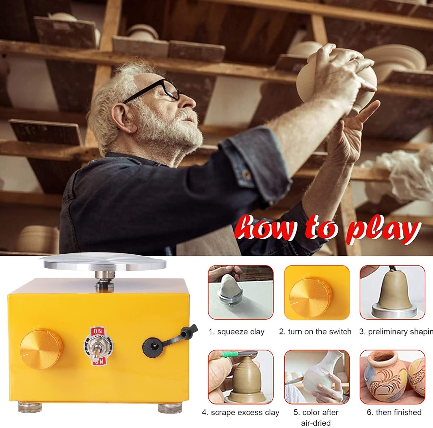 Mini Pottery Wheel Machine, Rustproof Turntable Small Miniature Mini Pottery Wheel Sculpting Wheel Basin Style Design for School Teaching US Plug