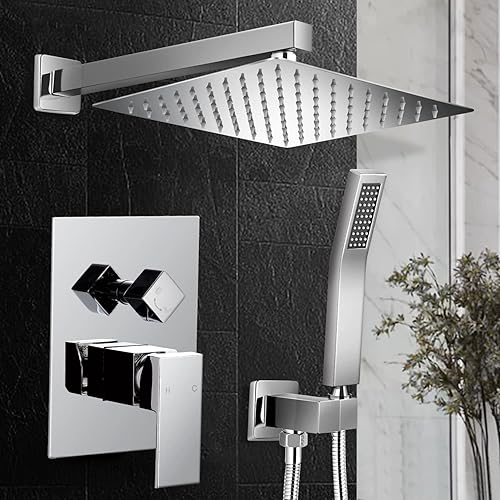 Miniatura 7 de Qomolangma Sistema de ducha de lluvia de 10 pulgadas, juego de grifo de ducha de baño, sistemas de ducha de acero inoxidable con ducha de lluvia y