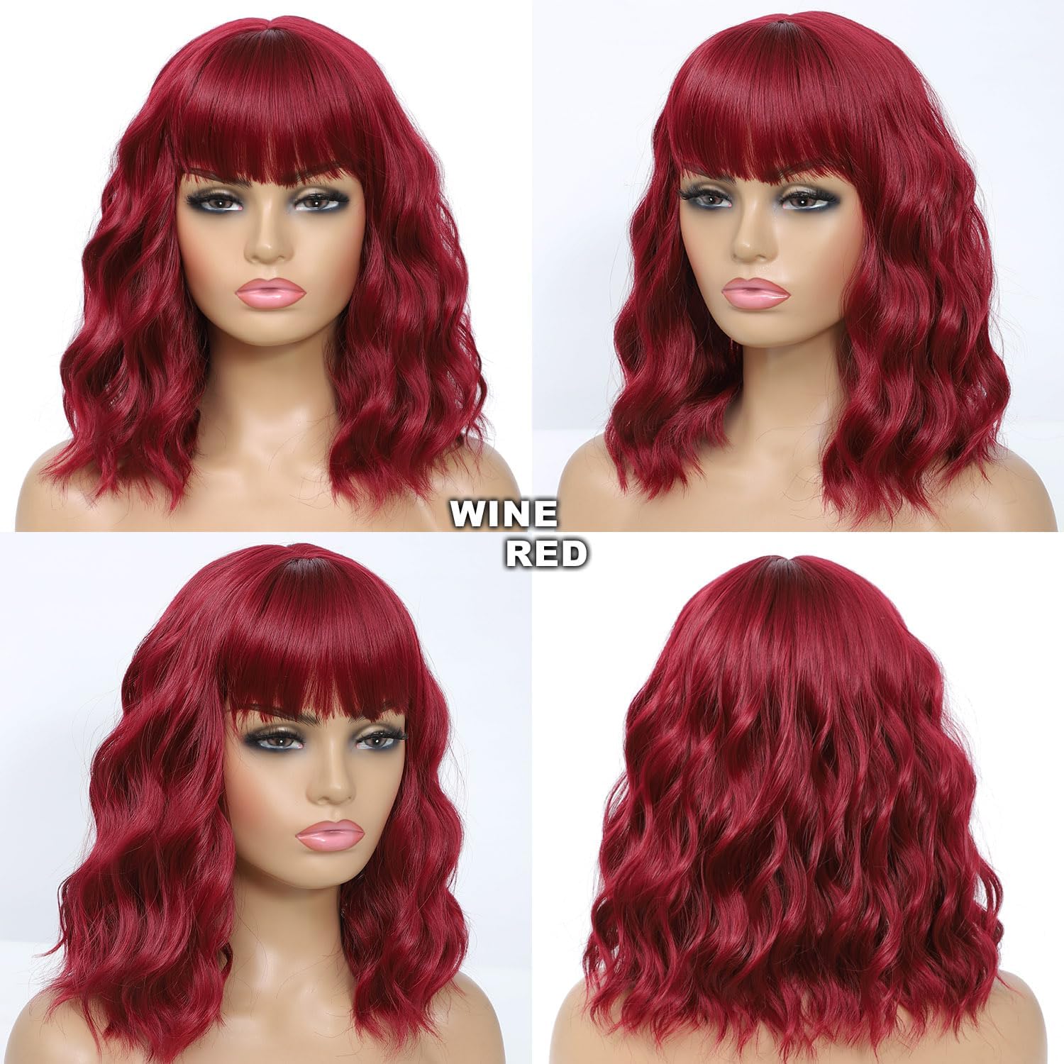 Veally Bob Wigs with Bangs Short Wavy Burgundy Wigs for Women Natural Looking Synthetic Heat Resistant Fiber Wine Red Wig for Daily Party Use