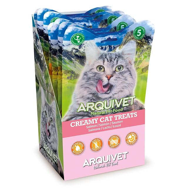 Arquivet - Creamy Cat Treats - Snack cremoso de Salmón (Expositor de 12 Bolsas con 5x14 g)