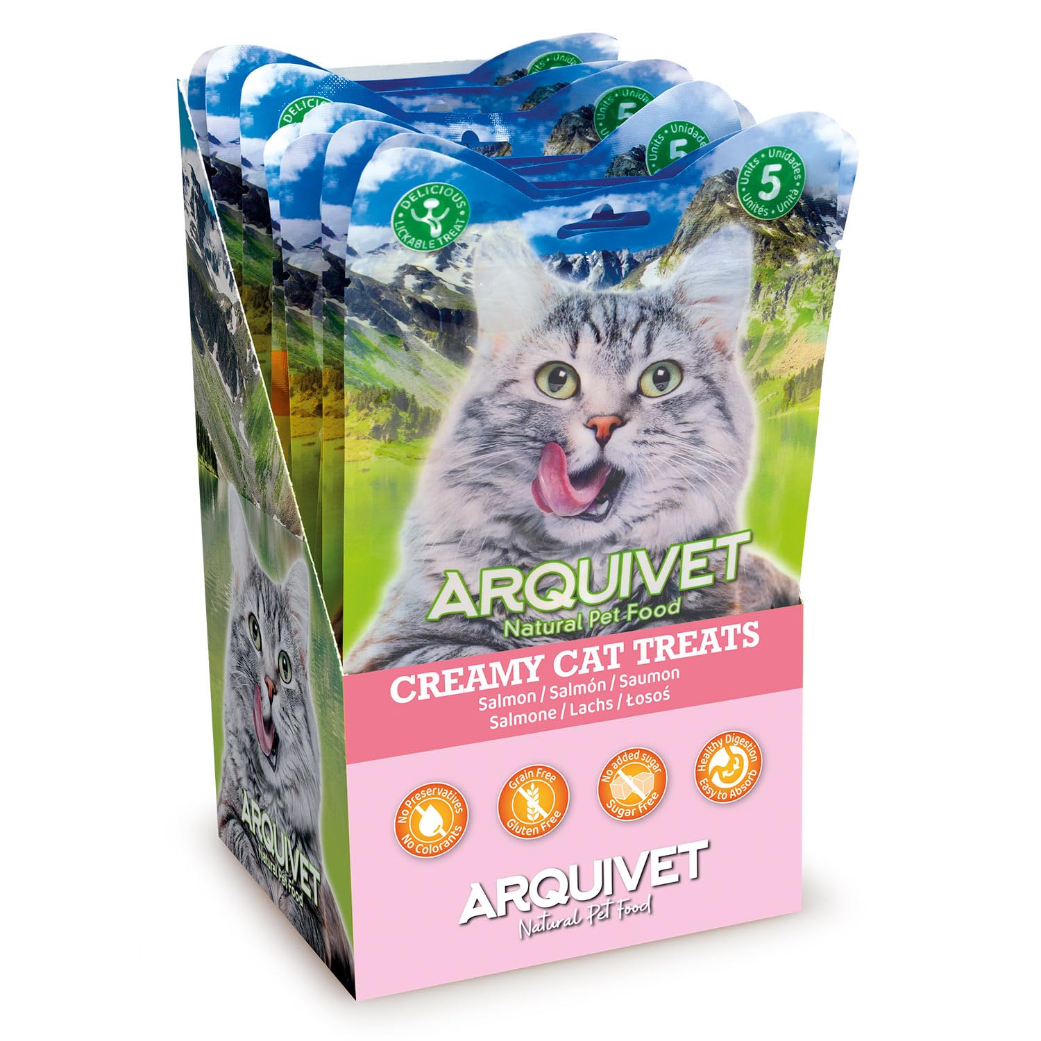 Arquivet - Creamy Cat Treats - Snack cremoso de Salmón (Expositor de 12 Bolsas con 5x14 g)