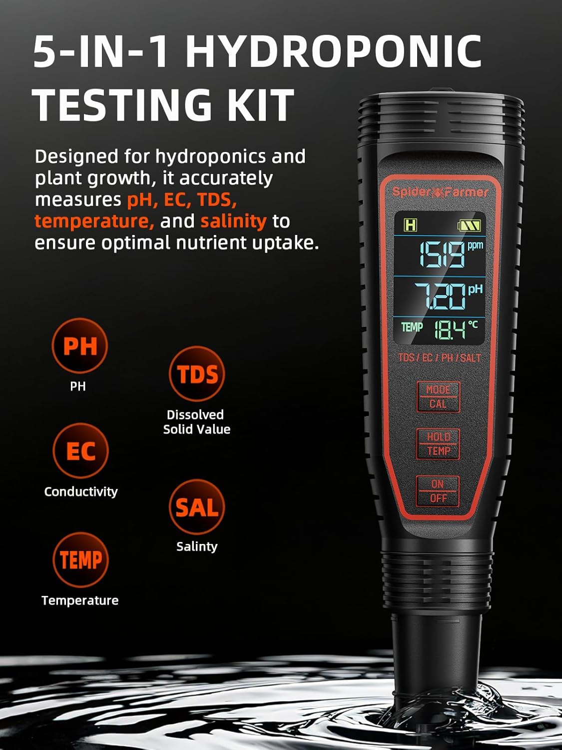 Spider Farmer 5-in-1 Digital pH Meter Kit for Water, TDS EC Temperature Salinity Tester with ATC Rechargeable for Plants Hydroponics Pool Fish Tank and Aquarium (IP67 Waterproof)