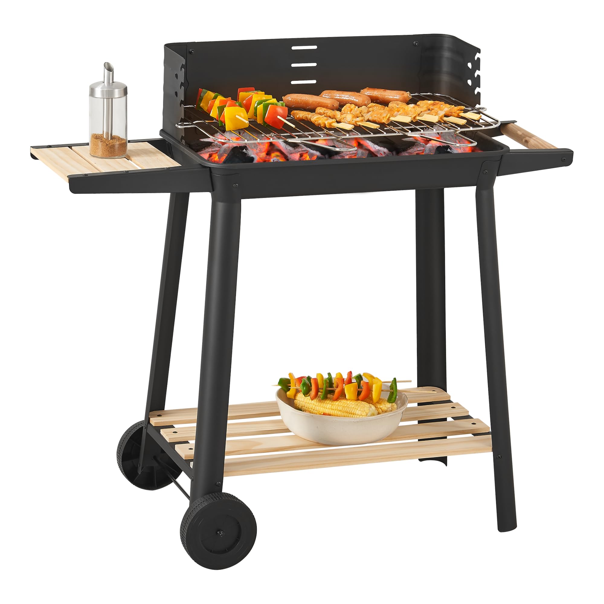 casa.pro Grill na kółkach Ari, grill na węgiel drzewny, ruszt do grillowania z emaliowanej stali nierdzewnej, grill ogrodowy, 2 koła, ochrona przed wiatrem, z regulacją wysokości rusztu 78 x 86 x 30