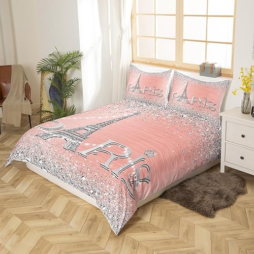 Miniatura 2 de Erosebridal Juego de funda de edredón femenina de la Torre Eiffel tamaño King, juego de ropa de cama de París con purpurina para mujer, funda de