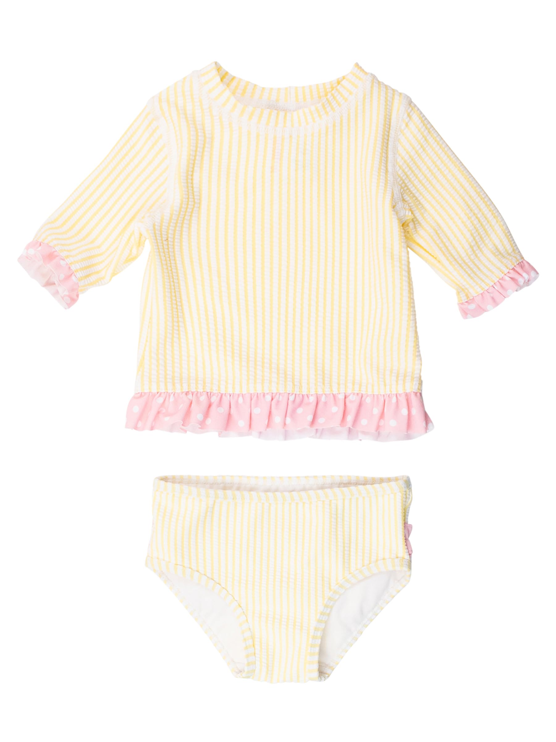 RuffleButts Maillot de Bain Anti-éruptions cutanées à Volants et Manches Courtes en Seersucker pour bébé Fille, Protection Solaire UPF 50 - Bleu pervenche, 3-6 Mois