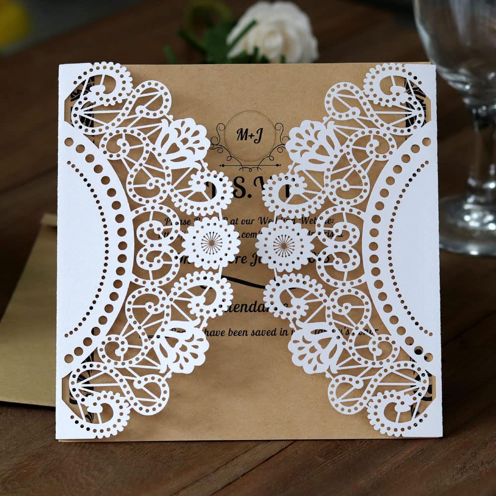 Cartes d'invitation en dentelle pour mariage champêtre et fiançailles bohèmes avec cordelette