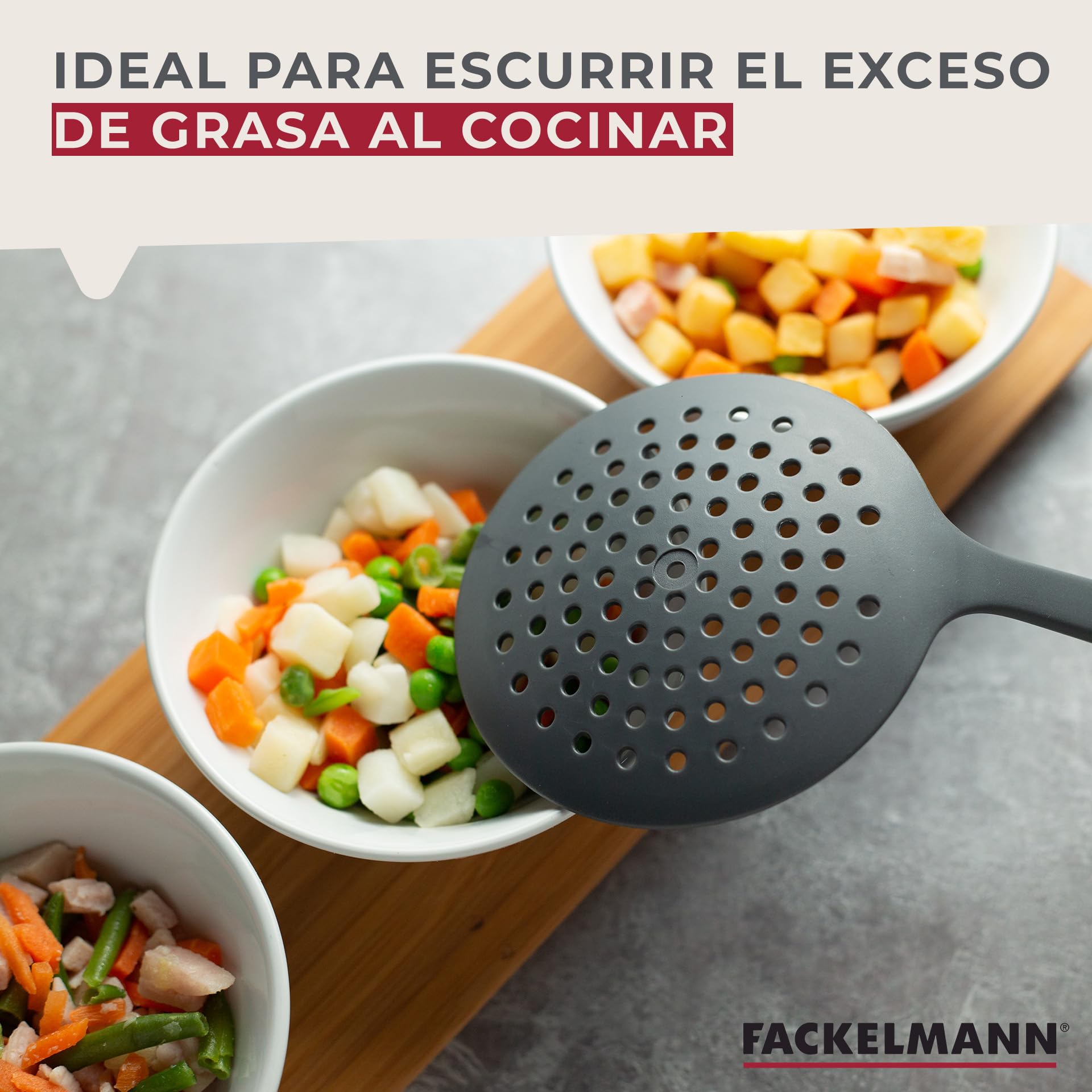 Fackelmann Espumadera Soft de Nylon para Fritos con Mango Antideslizante, Apto para Sartenes y Ollas con Recubrimiento Antiadherente, Color Gris y Naranja, 32X10,5 cm, 1 ud.