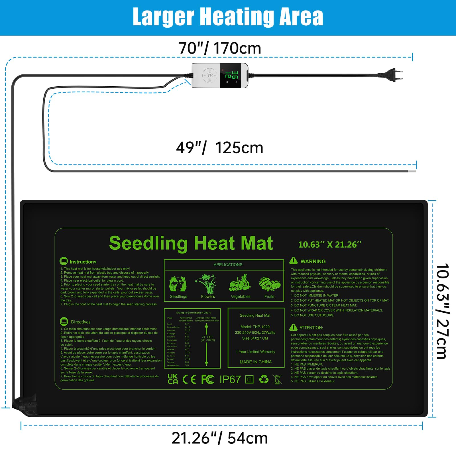 WADEO Tappetino Riscaldante per Piante, [54 x 27cm] [Riscaldamento Continuo 24H] [55W], con Termostato da 5 a 45°C & Funzione di Temporizzazione 0-12H, per Germinazione di Piantine, Funghi, Rettili
