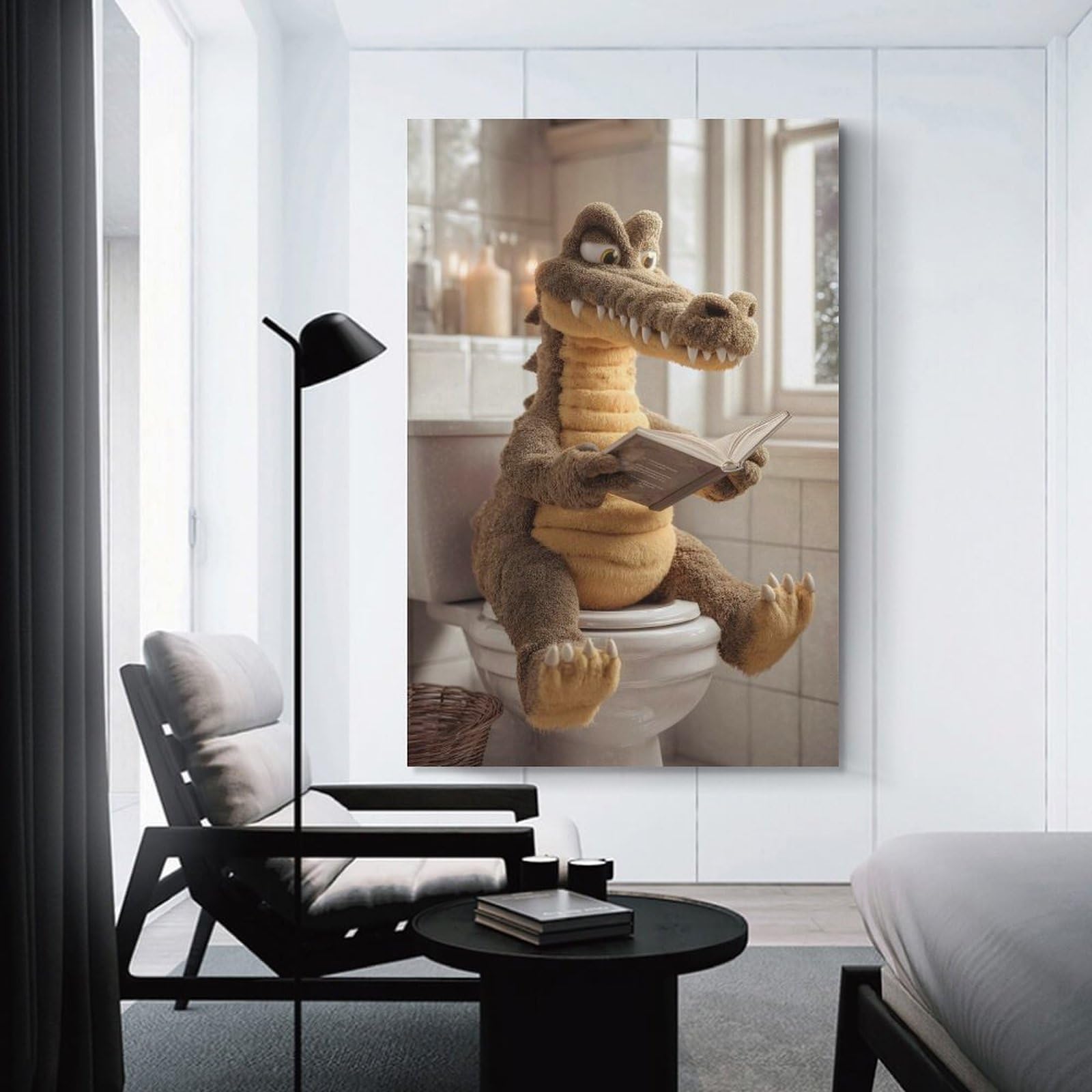 Junmoney Unframe-Style Wall Picture Print Plush Alligator Reading On Toilet, 16X24inch(40X60cm), For Wall Displays, Bedrooms Or Room Updates, Wall Decor Suited To Curated Displays