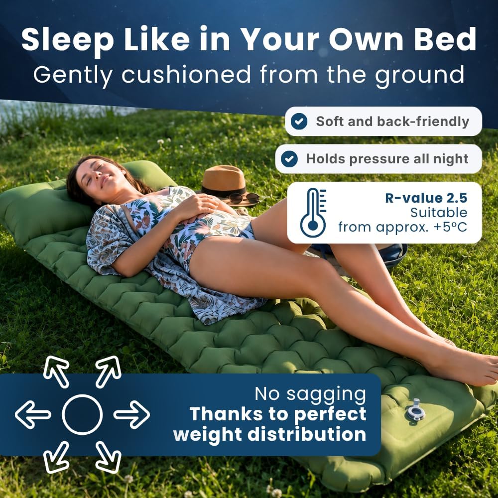 Sleeping Pad with Pillow, Thick Inflatable Air Mattress Lightweight Waterproof Compact for Camping Hiking Tent Car Travel Traveling (Green)