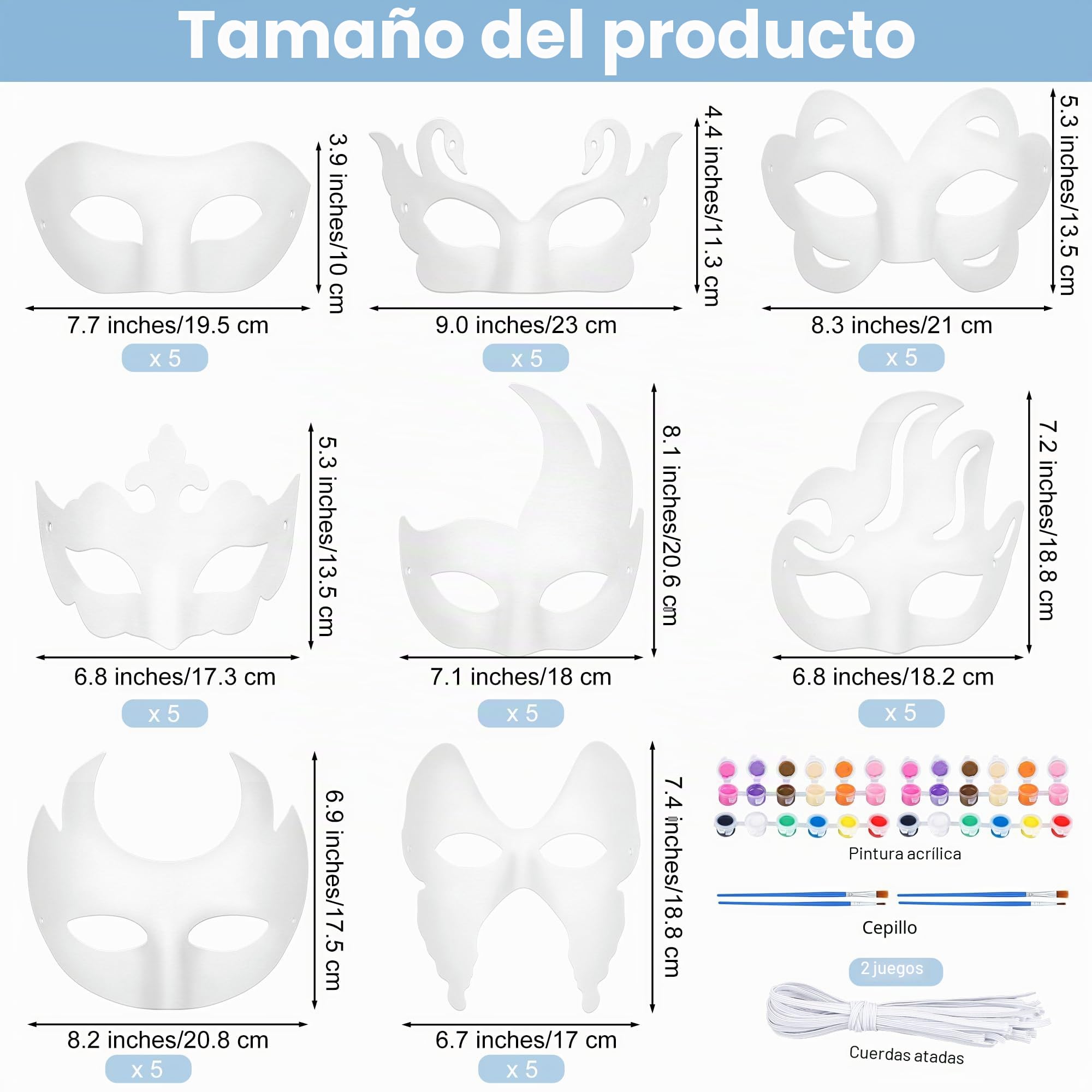 40 máscaras de papel blanco de media cara, pintadas a mano, máscaras de graffiti pintadas a mano con cepillos de pintura acrílica, máscara de fiesta de Mardi Gras para Halloween, carnaval
