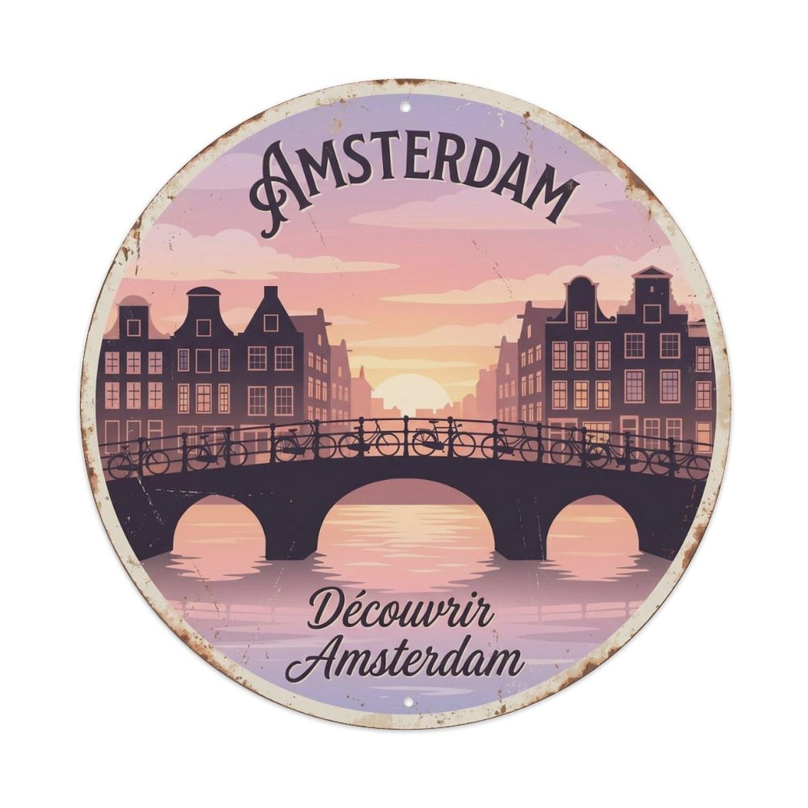 Vintage Travel Amsterdam Sunrise Canal Metal Tin Sign Plaque