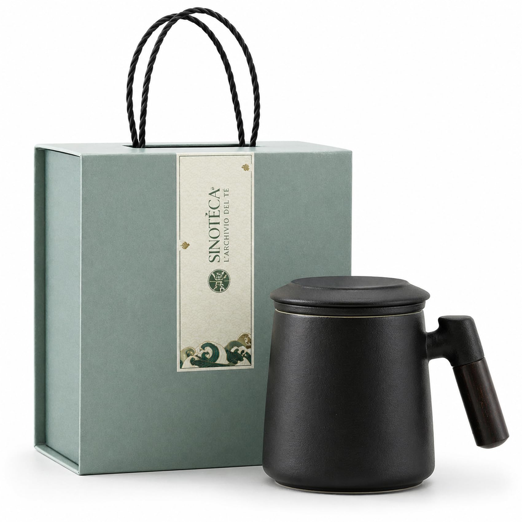 SINOTE'CA Tazza da Tè con Infusore e Coperchio 400ml, Set Regalo in Ceramica con Manico in Legno e Sottobicchiere, Tazza Tisana con Infusore Fine per Tè Sfuso, Confezione Regalo Elegante(Nero)