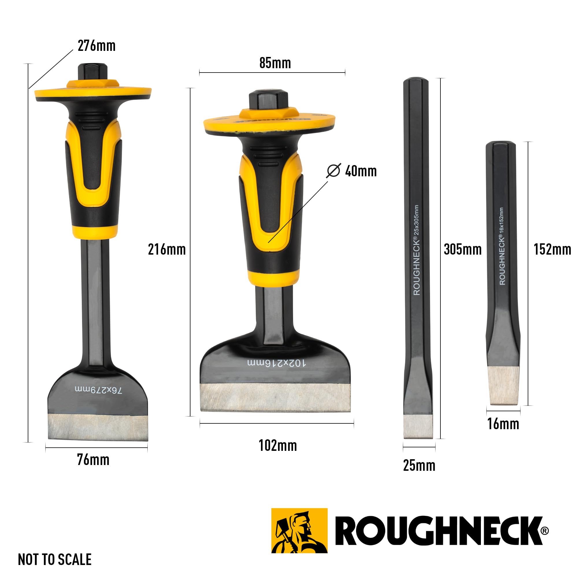 Roughneck ROU31994 Zestaw śrub i dłut – 4-częściowy zestaw zawiera: wałek do cegły 102 x 216 mm (4 x 8½ cala) wałek elektryka 76 x 279 mm (3 x 11 cali) x 2 dłuta zimne 16 x 152 mm (6 cali) / 25 x 305