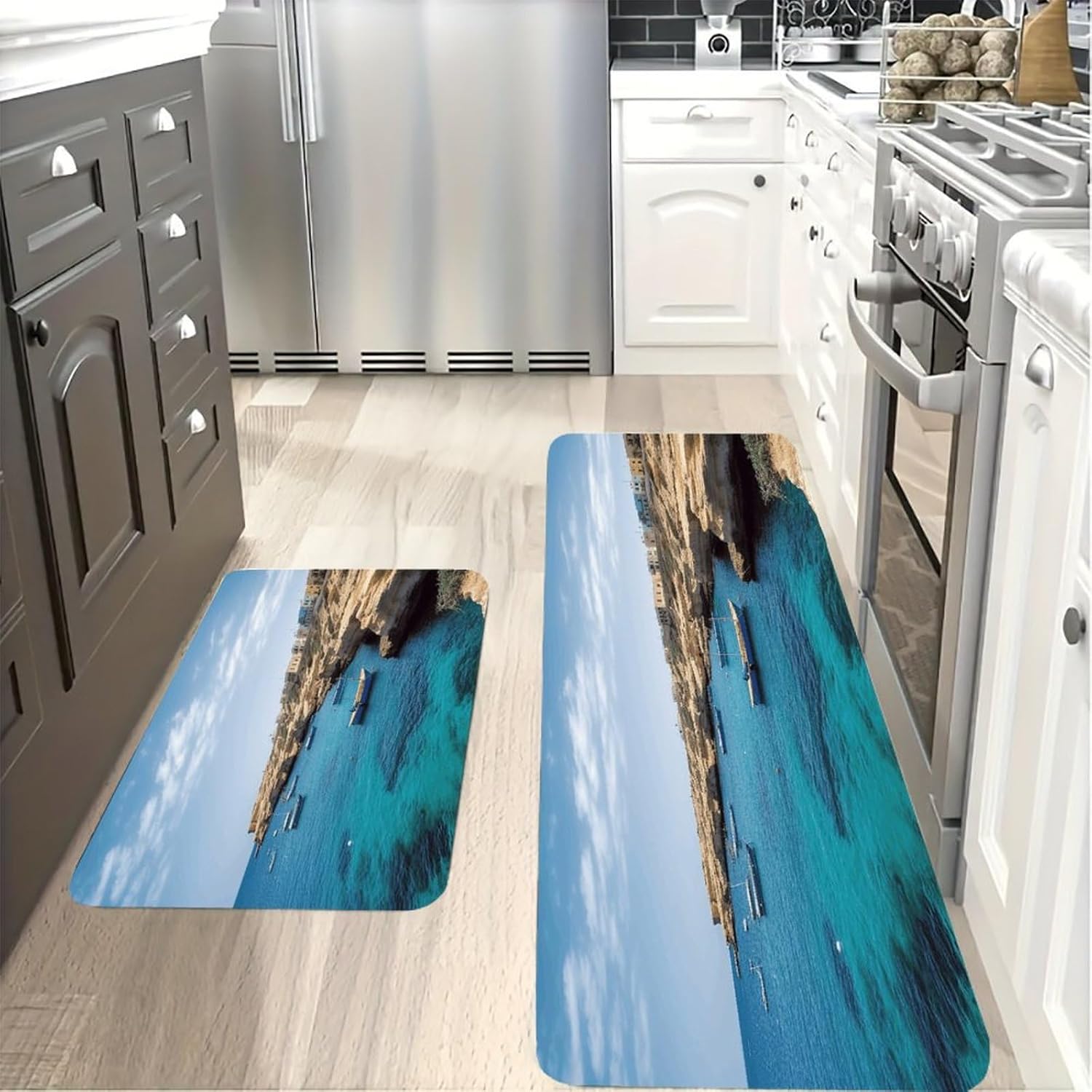 Coastal of Malta Kitchen Mat Washable Non Slip Rugs Soft Kitchen Mats for Floor Set of 2 PCS Cushioned Absorbent Runner Standing Rugs for Home Sink Laundry Office