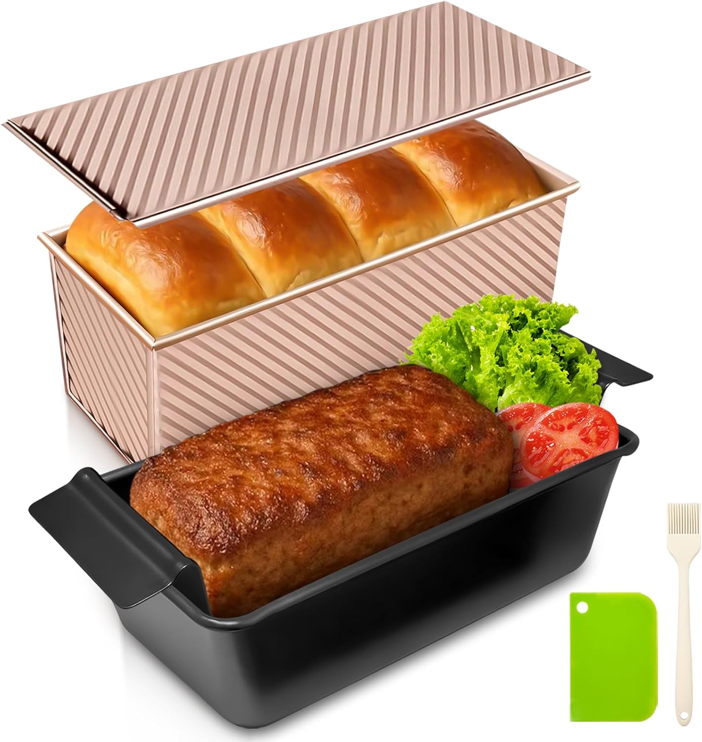 Pullman Loaf Pan with Lid + Non-Stick Meatloaf Pan with Draining Insert, Carbon Steel Bakeware with Scraper & Brush, 2LB Baking Pans for Homemade Bread & Meatloaf