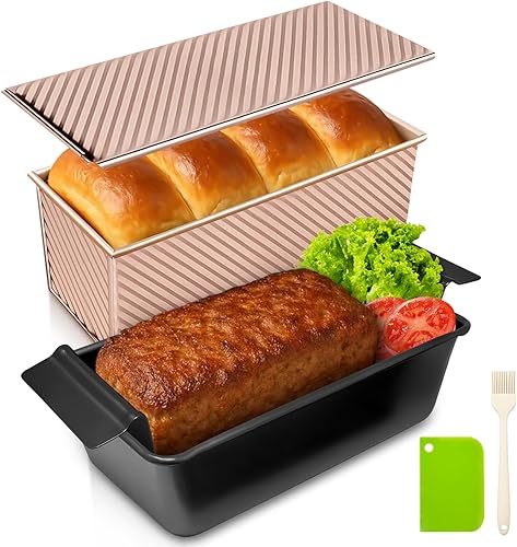 Miniatura 14 de Paquete de 2 moldes para pan con tapas, capacidad de masa de 1 libra, molde para pan Pullman de acero al carbono antiadherente para sándwich casero