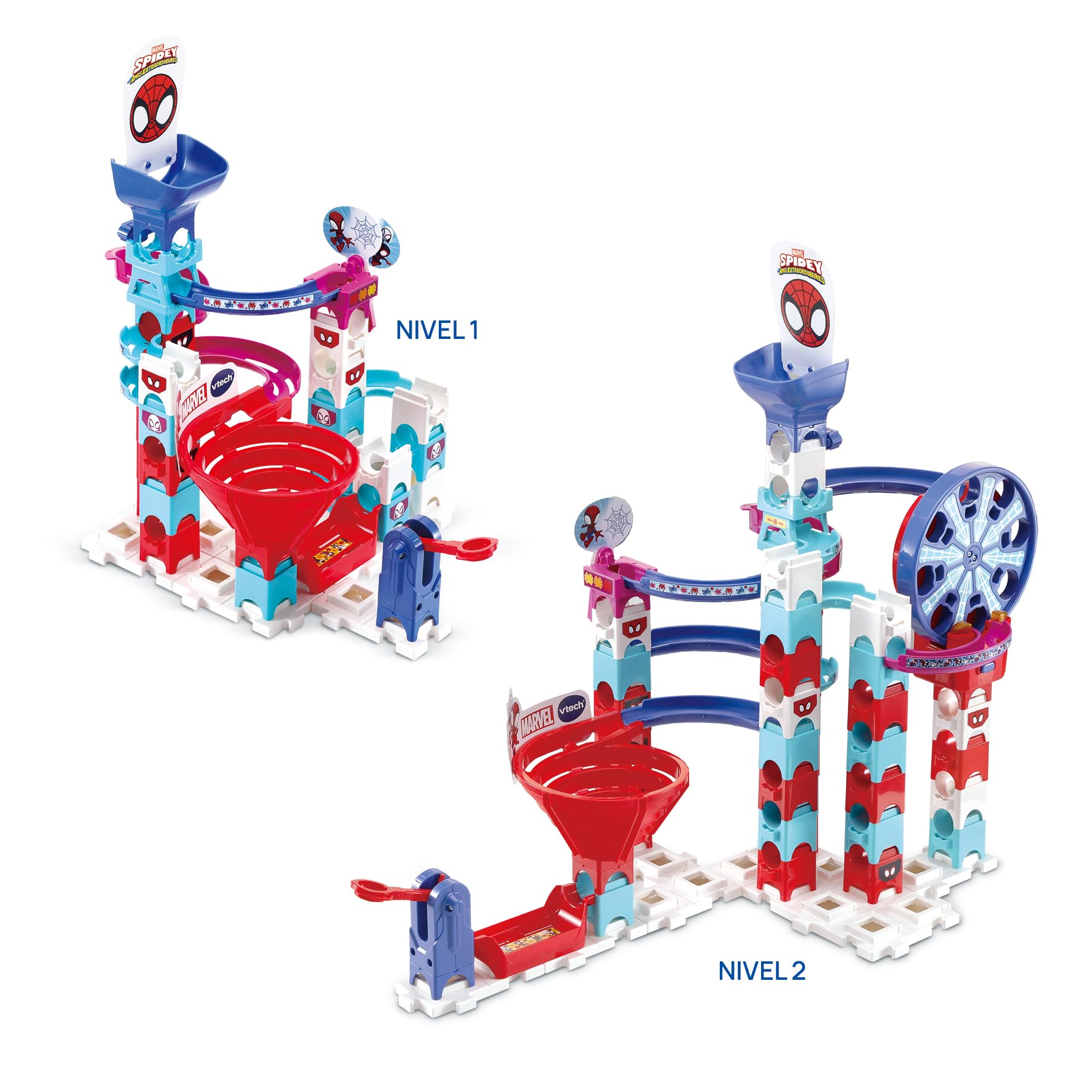 VTech - Marble Rush Spidey Challenge, Circuito de canicas Interactivo y Juguete de construcción, 65 Piezas, 6 canicas Personalizadas, Regalo para niños +4 años, Contenido en Español