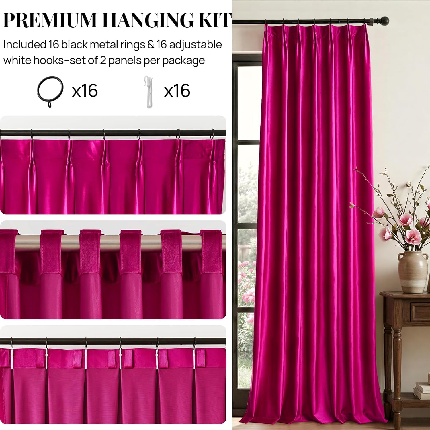 Hot Pink Velvet Curtains 96 Inches: Pinch Pleated 2 Panels Elegant Girls Living Room Darkening Thermal Insulated Drapes with Hooks- Luxury Soundproof Noise Reducing Back Tab Window Curtain for Bedroom