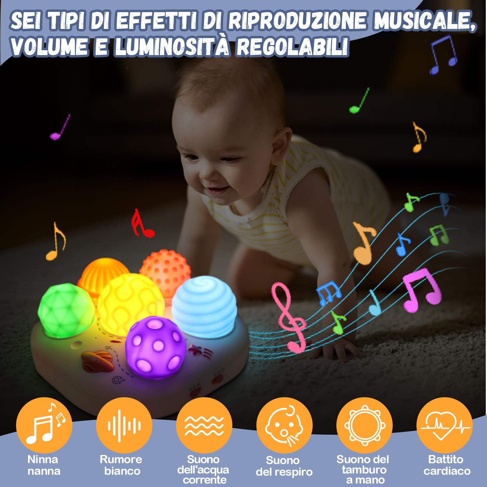 YOOHBERRYS Giochi Musicali Neonato per 1 2 3 Anno, Giochini Montessori con Musica e Luci, Musicali Bambini con 6 Palle Sensoriali, Giocattoli Educativi Precoci, Compleanno Regali Gioco per Bambino