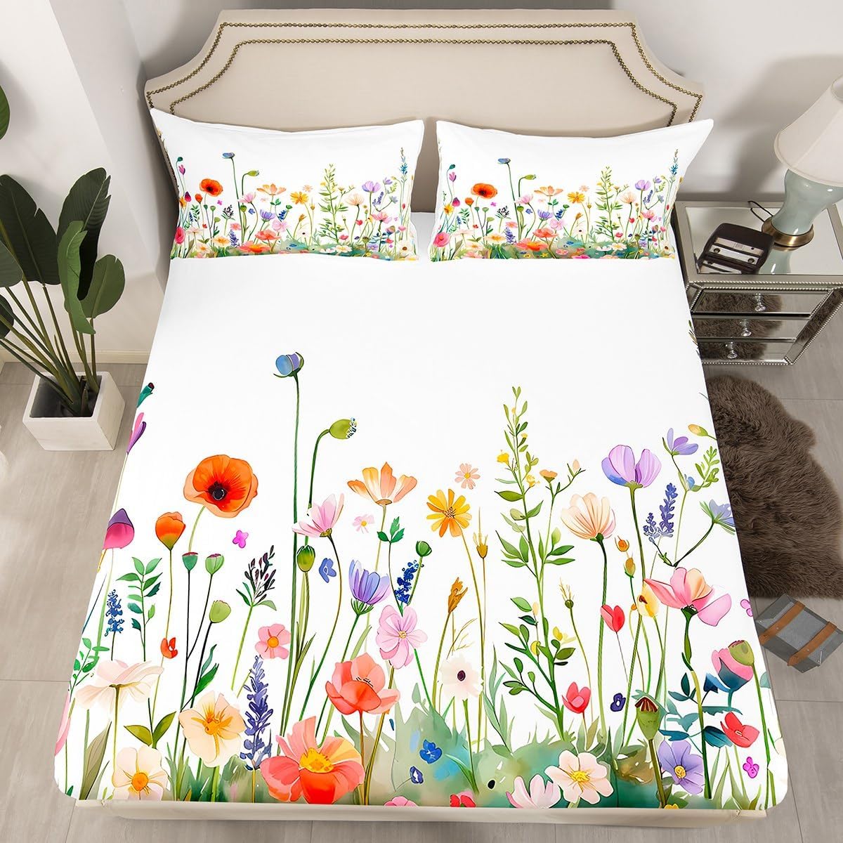 Erosebridal Floral Full Fitted Sheet Garden Botanical Flower Bed Sheets Watercolor Wildflower Bedding Set Modern Minimalist Aesthetics Sheets Spring Plants Leaf Decor
