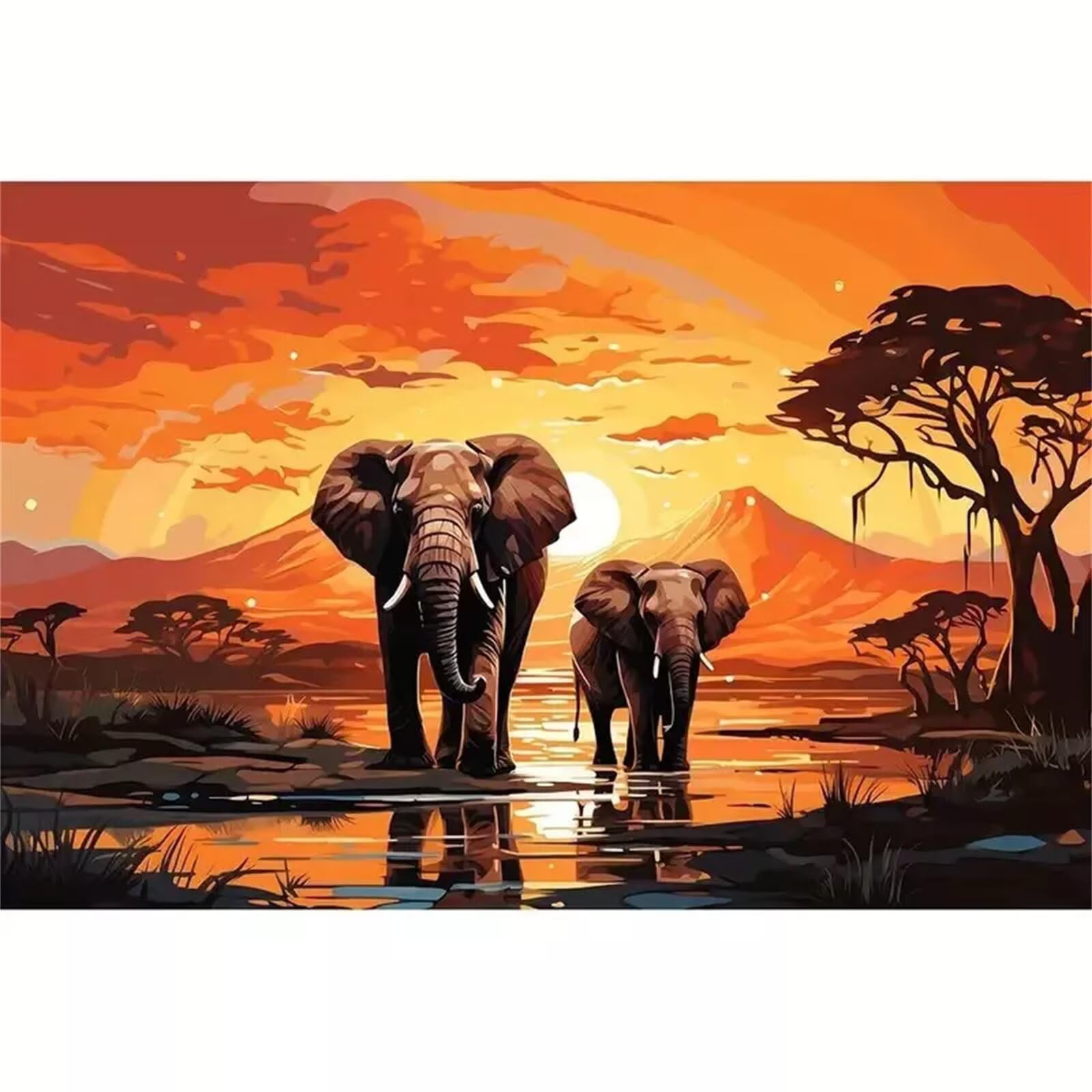 Puzzle 1200 elementów, puzzle dla dorosłych, wymagająca łamigłówka, gra edukacyjna dla całej rodziny, dekoracja, prezenty – zachód słońca, jezioro, słonie
