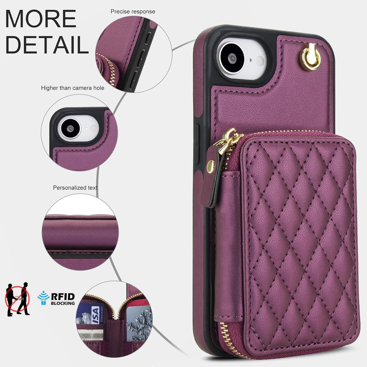 Wefor Compatible with iPhone 16e Wallet Case Crossbody for Women, Zipper Phone Case with RFID Blocking Card Holder Wrist Strap Purse (Dark Purple)