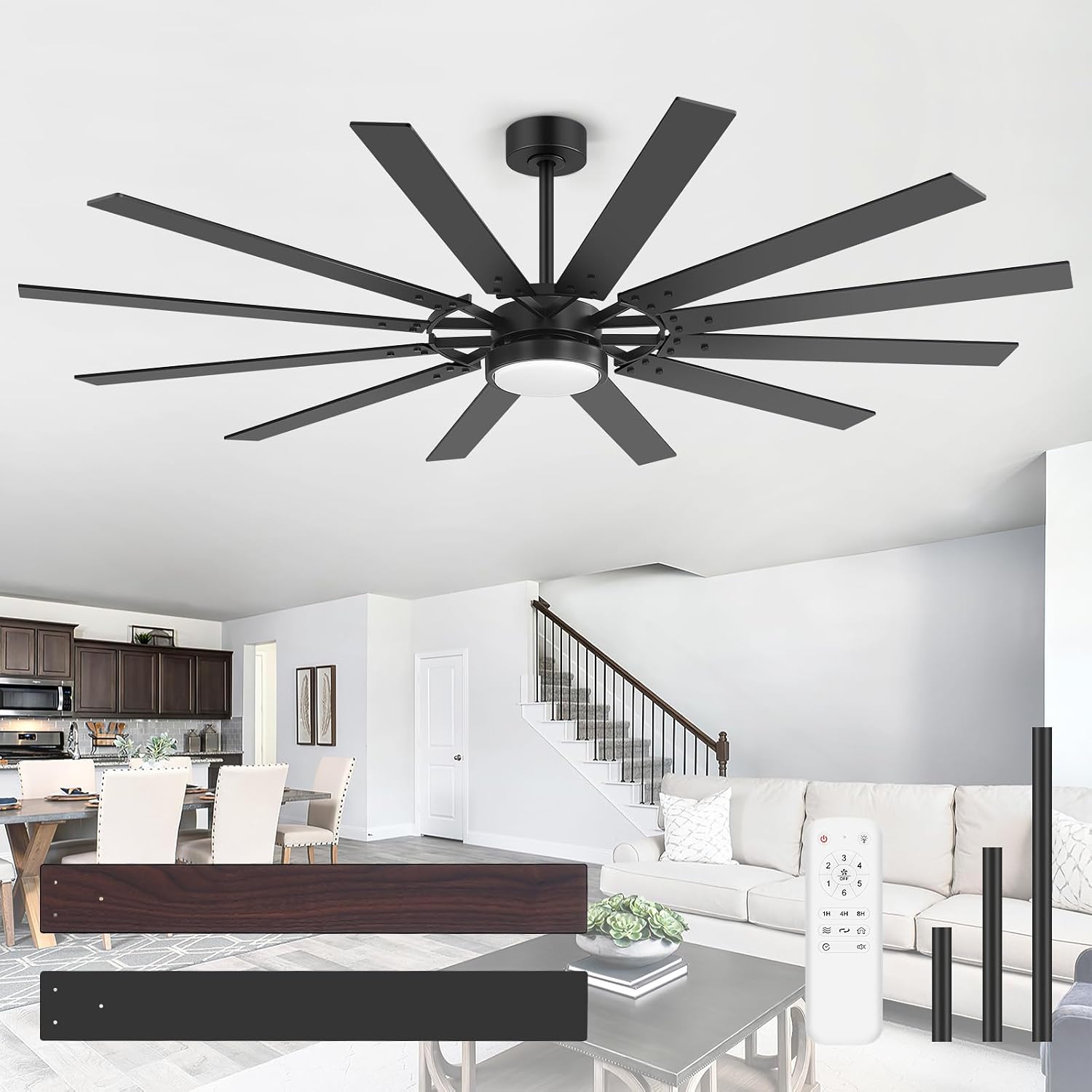 72-Inch Ceiling Fans with LED Lights, Modern 12-Blade Ceiling Fan Remote Control, Large Industrial Ceiling Fan with Reversible DC Motor, Flush Mount LED Light for Indoor Living Room Bedroom