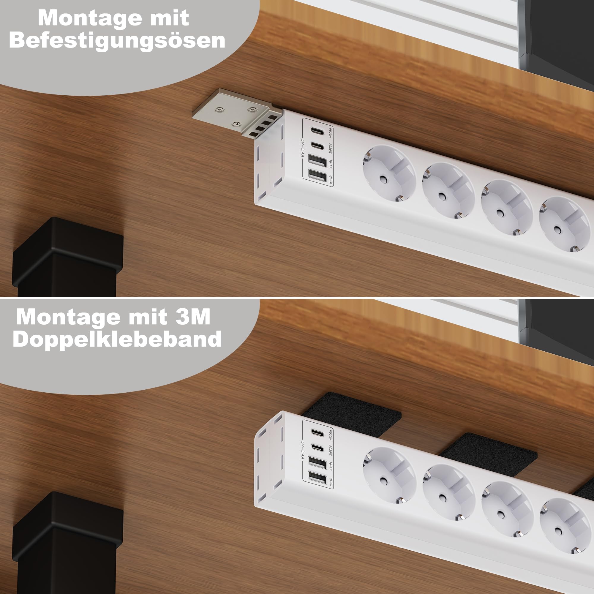 Ciabatta elettrica con 5 prese con porte USB, cavo da 2 m, colore bianco.