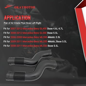 OKAY MOTOR 1645051361 + 1645051461 Pair of Air Intake Pipe Hose Left Right for 2006-2012 Mercedes Benz GL450 GL550 ML350 ML550 Replaces # ANTK170 ANTK115